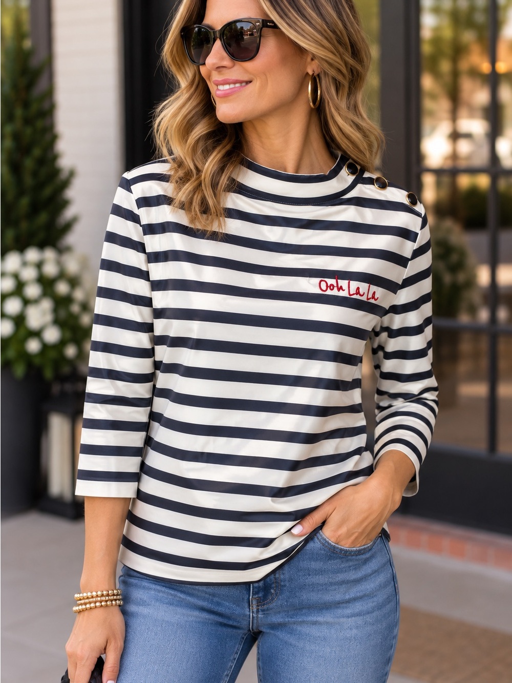 Talbots Black & White Striped Boatneck Top with Button Detail